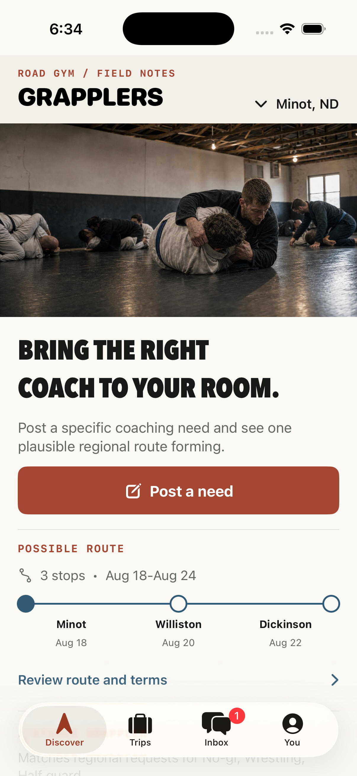 Grapplers native iPhone app showing a possible regional coaching route