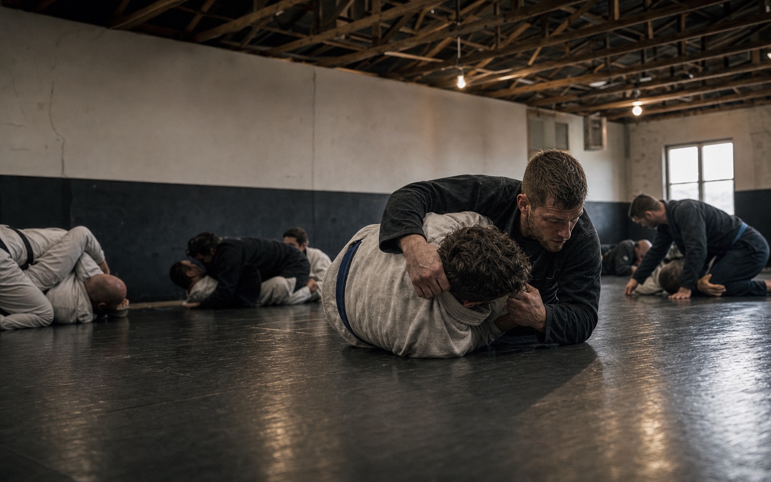 Brazilian Jiu-Jitsu athletes drilling in an independent regional gym